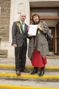 West Minster Candidate Vaughan Williams and Welsh Assembly Candidate Helen Mary Jones present the petition at Carmarthenshire County Council in Carmarthen.