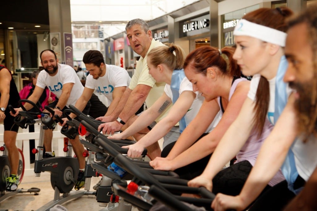 Spin bikers from the LC who gave a day-long health and well-being demonstration at Swansea’s Quadrant Shopping Centre on Saturday.