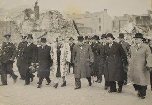 Prime Minister Winston Churchill visits Swansea after the Three Nights Blitz. Chief Constable May is on the far left.